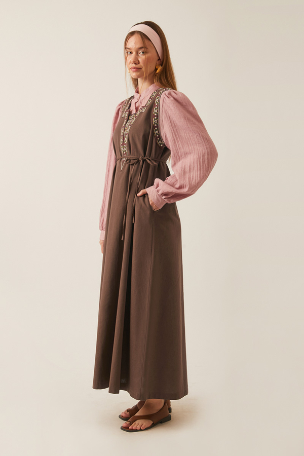 Hazal Ethnic Embroidered Pinafore Brown - 2