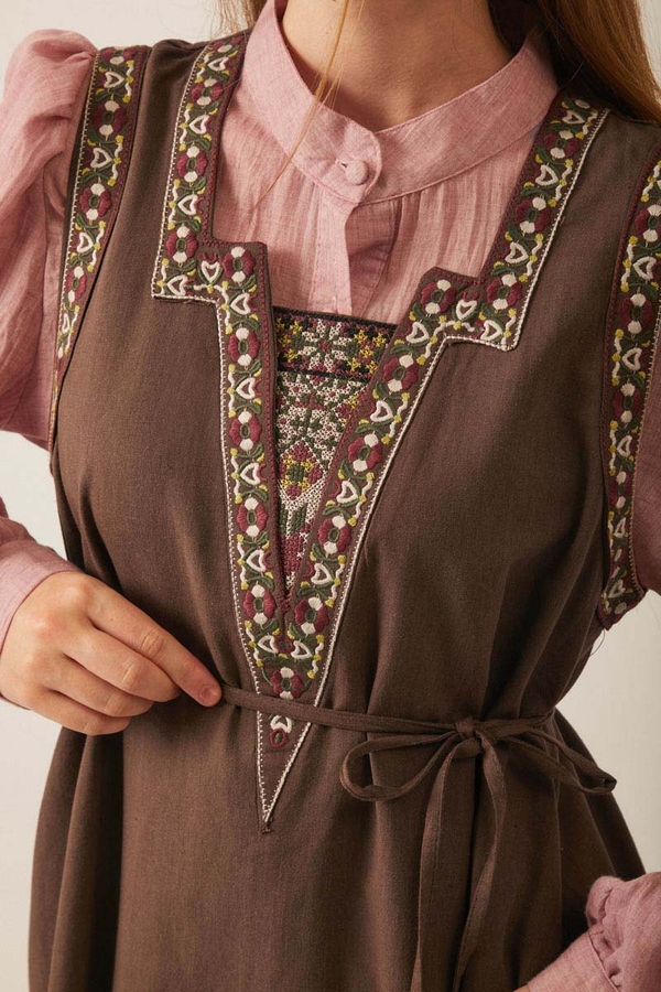 Hazal Ethnic Embroidered Pinafore Brown - 4