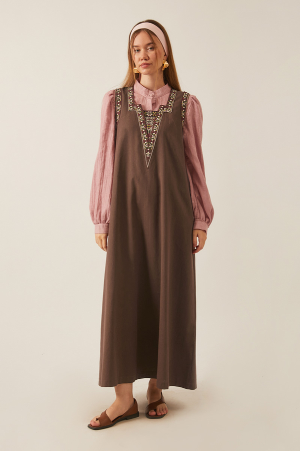 Hazal Ethnic Embroidered Pinafore Brown - 7