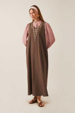 Hazal Ethnic Embroidered Pinafore Brown - 9