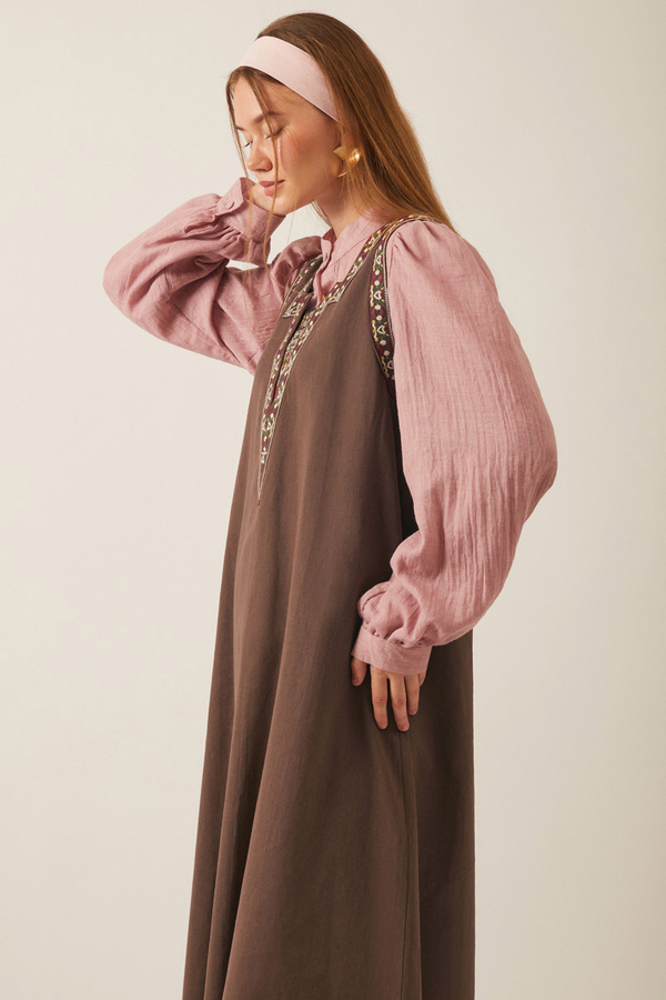 Hazal Ethnic Embroidered Pinafore Brown - 11