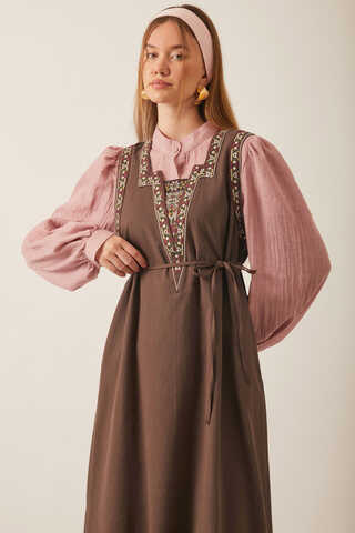 Hazal Ethnic Embroidered Pinafore Brown - 1