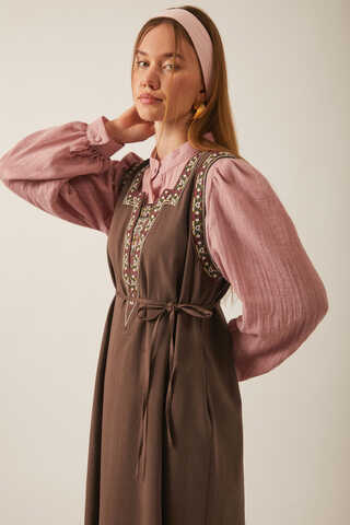 Hazal Ethnic Embroidered Pinafore Brown - 5