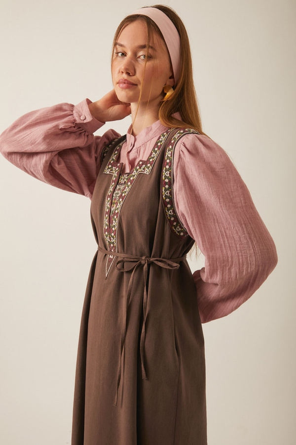 Hazal Ethnic Embroidered Pinafore Brown - 5