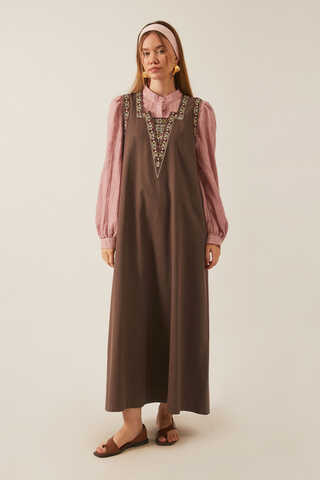 Hazal Ethnic Embroidered Pinafore Brown - 7