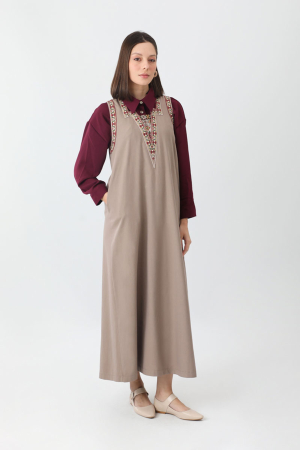 Hazal Ethnic Embroidered Pinafore Taupe - 3