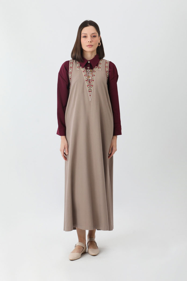 Hazal Ethnic Embroidered Pinafore Taupe - 7