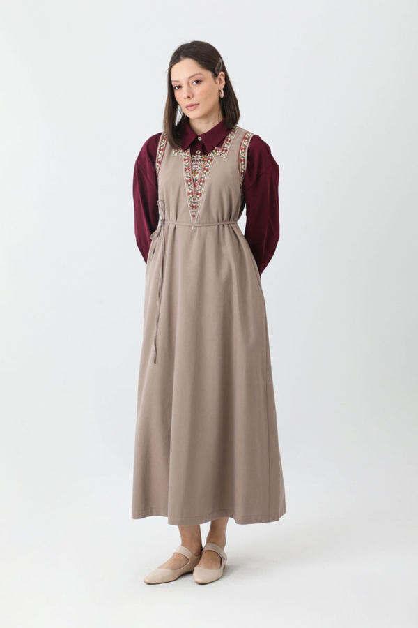 Hazal Ethnic Embroidered Pinafore Taupe - 2