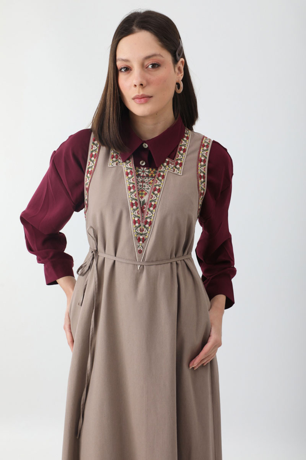 Hazal Ethnic Embroidered Pinafore Taupe - 4