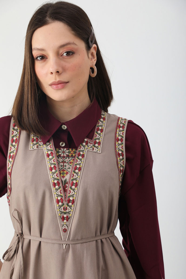 Hazal Ethnic Embroidered Pinafore Taupe - 10