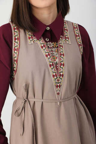 Hazal Ethnic Embroidered Pinafore Taupe - 11