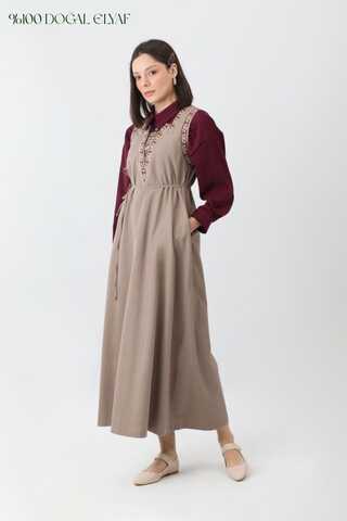 Hazal Ethnic Embroidered Pinafore Taupe - 1