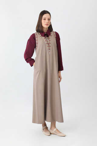 Hazal Ethnic Embroidered Pinafore Taupe - 3