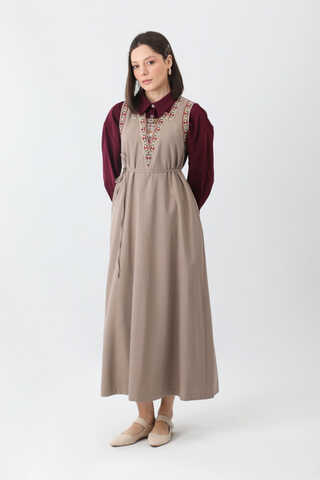 Hazal Ethnic Embroidered Pinafore Taupe - 2