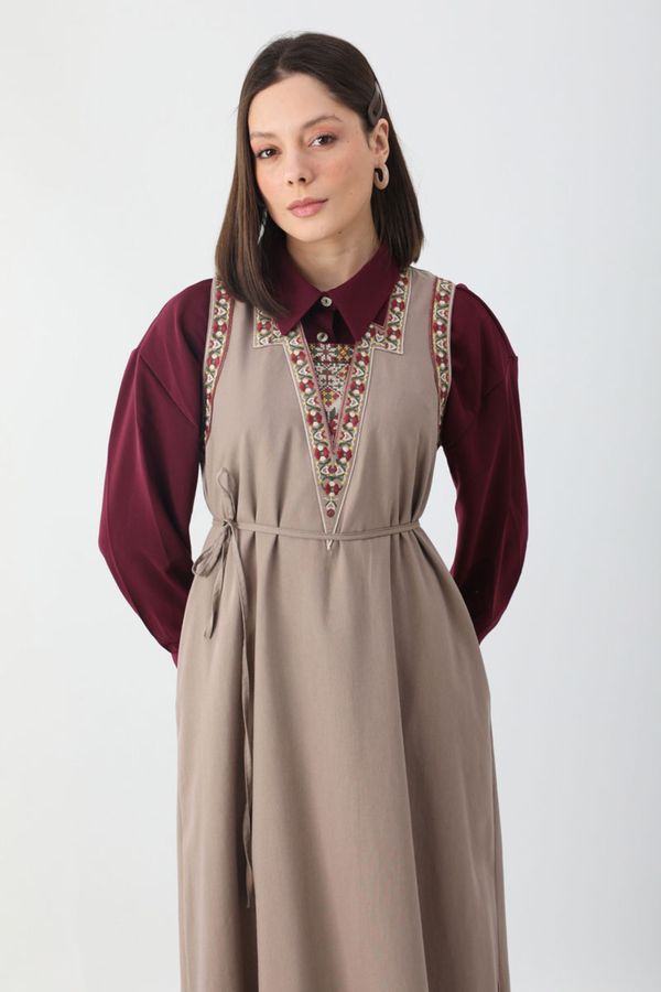 Hazal Ethnic Embroidered Pinafore Taupe - 12