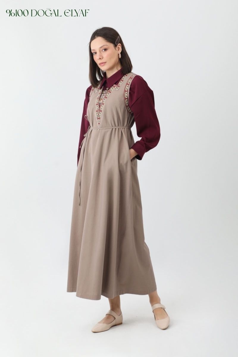 Hazal Ethnic Embroidered Pinafore Taupe