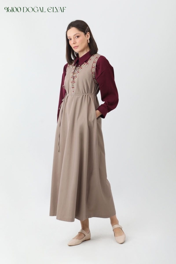 Hazal Ethnic Embroidered Pinafore Taupe - 1