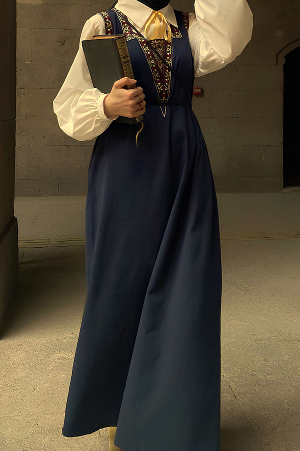 Hazal Ethnic Embroidered Pinafore Navy Blue - 1