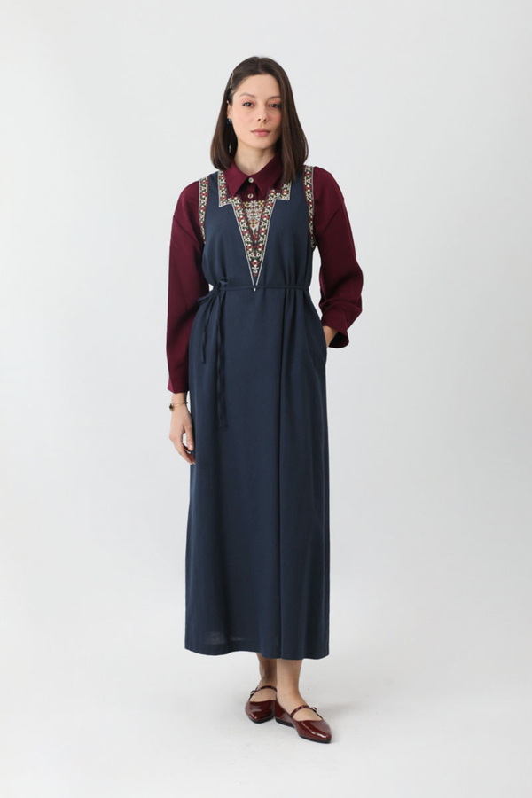 Hazal Ethnic Embroidered Pinafore Navy Blue - 4