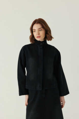 High Collar Denim Jacket Black - 1