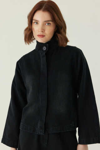 High Collar Denim Jacket Black - 5