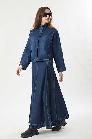 High Collar Denim Jacket Blue - 3