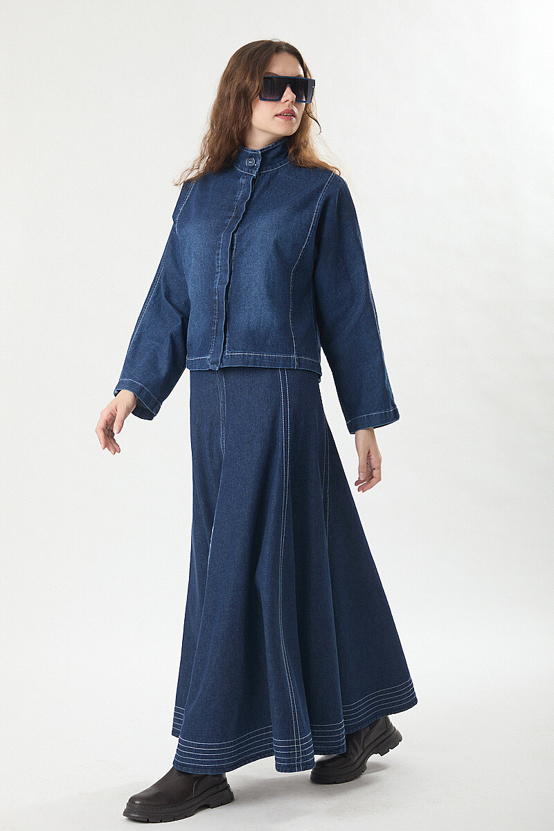 High Collar Denim Jacket Blue - 3