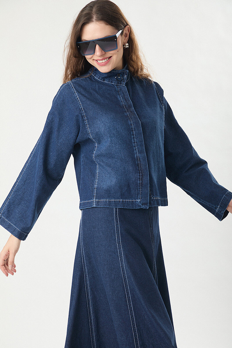 High Collar Denim Jacket Blue - 4