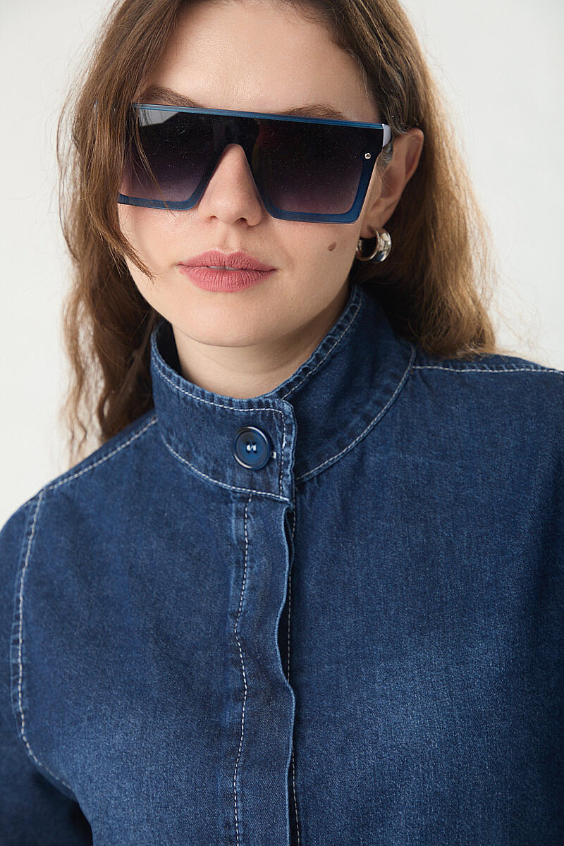 High Collar Denim Jacket Blue - 5