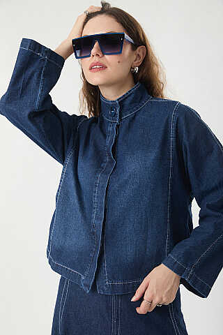 High Collar Denim Jacket Blue - 6