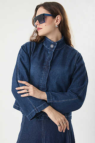 High Collar Denim Jacket Blue - 7