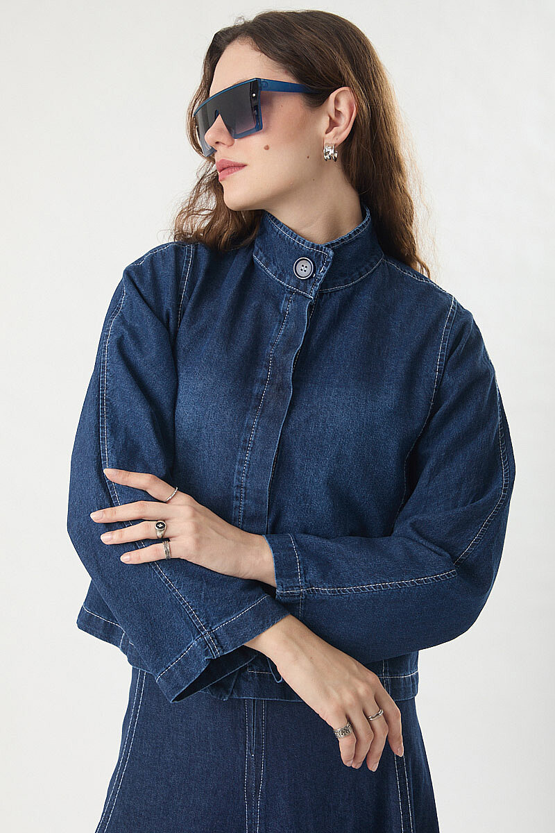 High Collar Denim Jacket Blue - 7