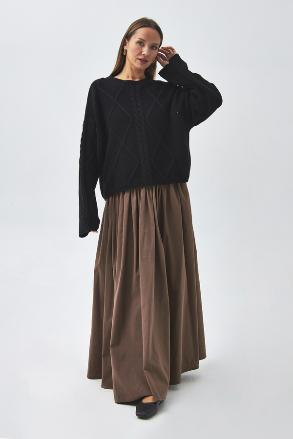 High Waist Cotton Skirt Brown - 7