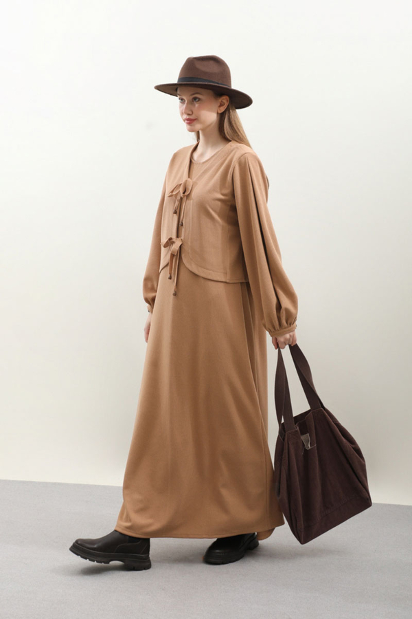 Hırkalı Triko Elbise Takım Açık Taba - 3