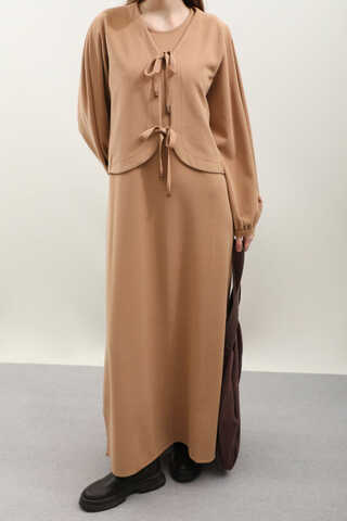 Hırkalı Triko Elbise Takım Açık Taba - 8