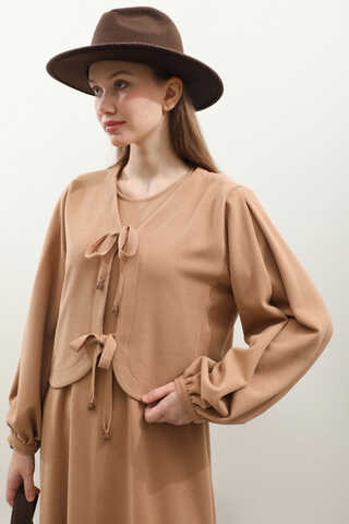 Hırkalı Triko Elbise Takım Açık Taba - 9