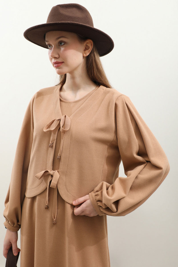 Hırkalı Triko Elbise Takım Açık Taba - 9