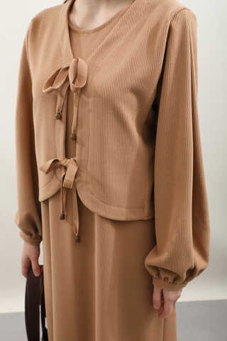 Hırkalı Triko Elbise Takım Açık Taba - 10