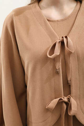 Hırkalı Triko Elbise Takım Açık Taba - 11