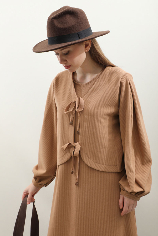 Hırkalı Triko Elbise Takım Açık Taba - 1