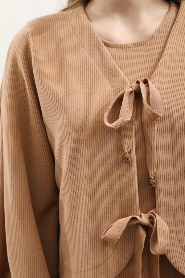 Hırkalı Triko Elbise Takım Açık Taba - 11