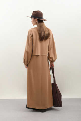 Hırkalı Triko Elbise Takım Açık Taba - 12