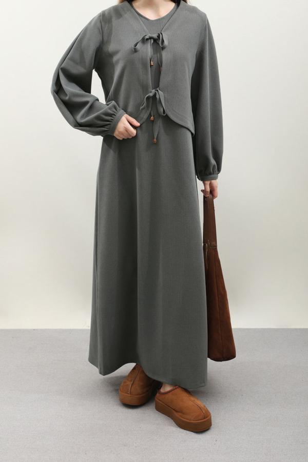 Hırkalı Triko Elbise Takım Antrasit - 5