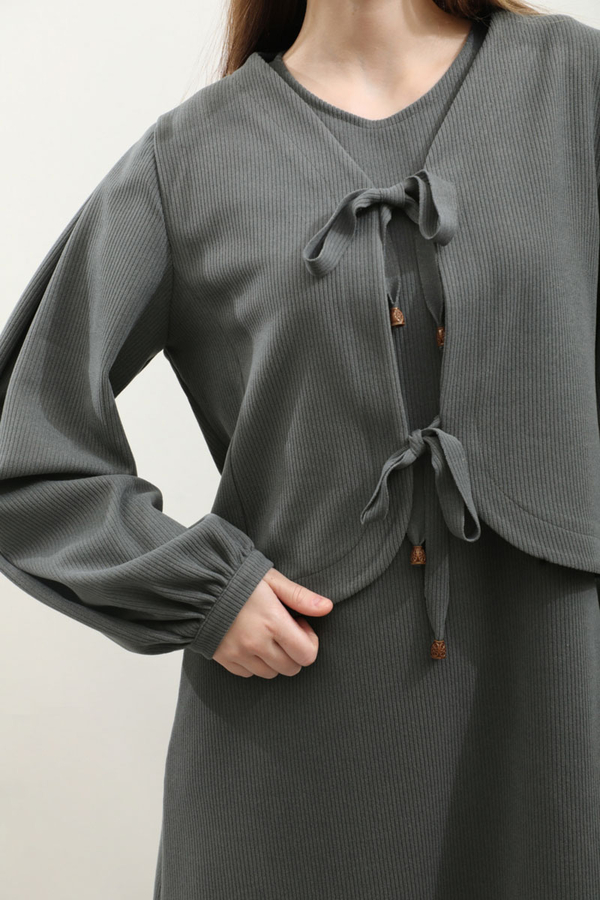 Hırkalı Triko Elbise Takım Antrasit - 6