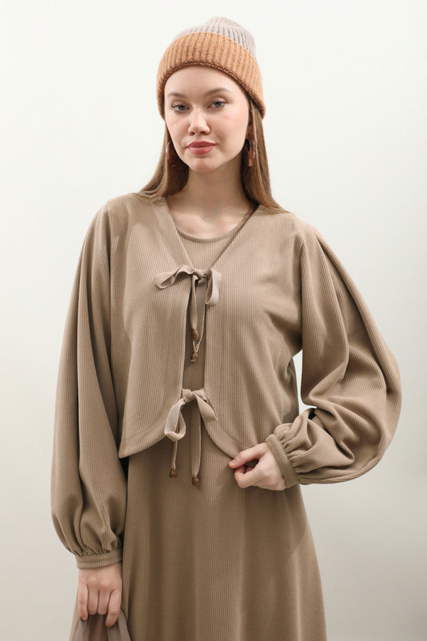 Hırkalı Triko Elbise Takım Koyu Vizon - 7