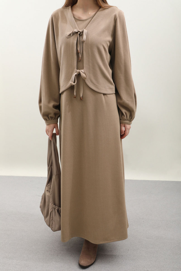 Hırkalı Triko Elbise Takım Koyu Vizon - 9