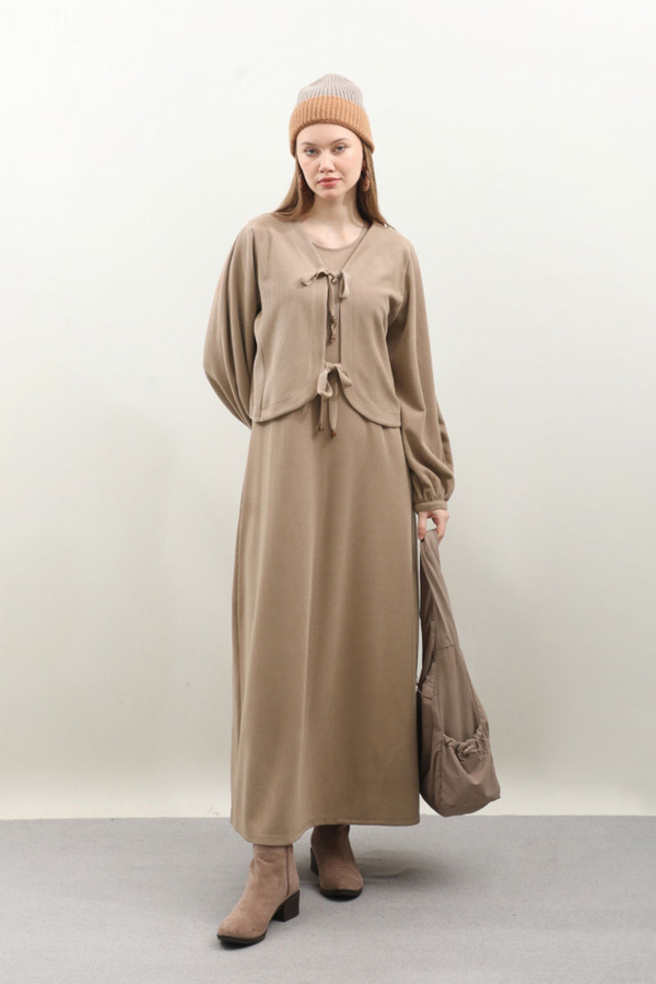 Hırkalı Triko Elbise Takım Koyu Vizon - 6