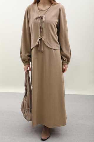 Hırkalı Triko Elbise Takım Koyu Vizon - 9