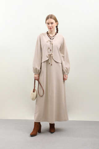 Hırkalı Triko Elbise Takım Krem - 1