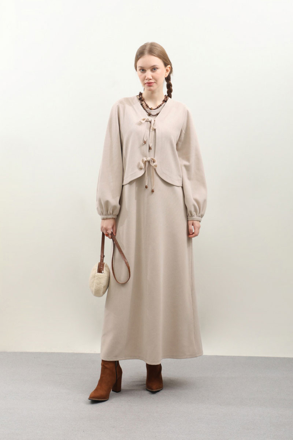 Hırkalı Triko Elbise Takım Krem - 1